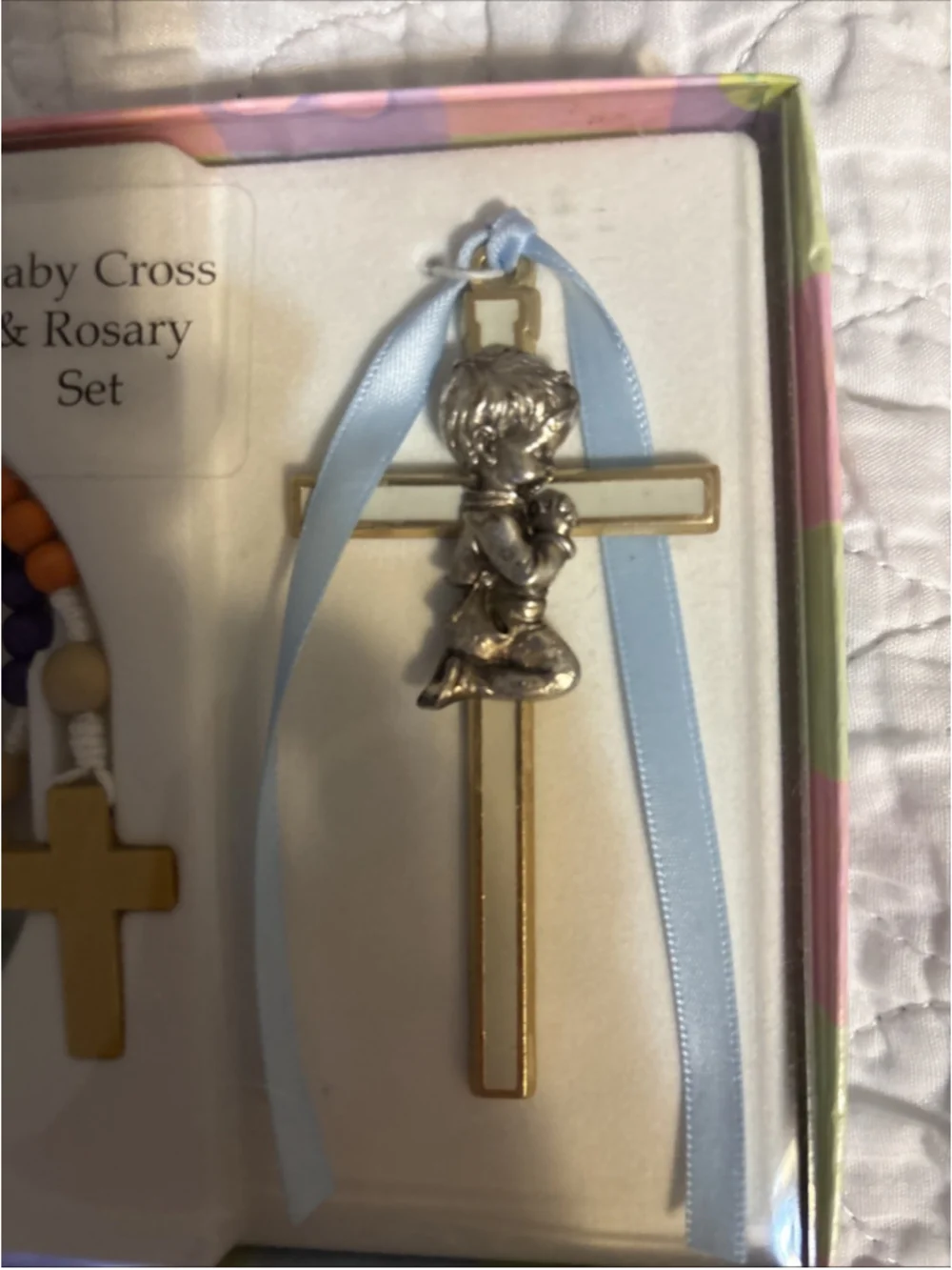 Boys Crib Cross Rosary Gift Set Children Christening Nursery Room Decor